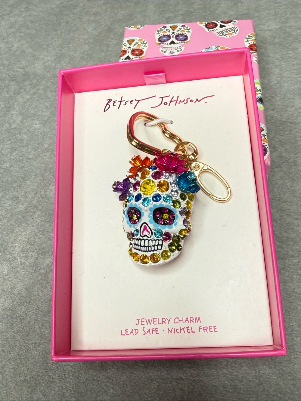 NWT Betsey Johnson Bejeweled Sugar Skull Colorful Jewelry Charm/ Keychain